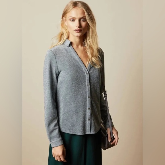 NWT Ted Baker Castelo Lurex Woven Metallic Shimmer Light Blue Button Down Shirt - Picture 1 of 9